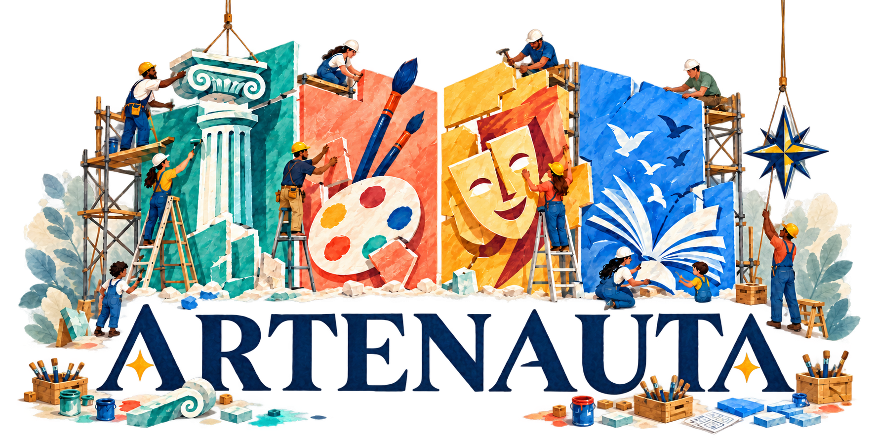 Artenauta: los cuatro paneles del logo en construcción, con hombres, mujeres y niñes, vegetación etérea y materiales que rodean las letras ARTENAUTA por debajo.